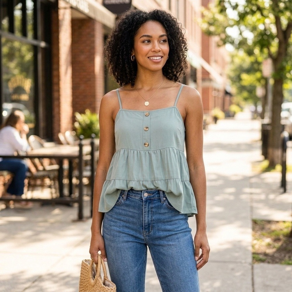 Paper Crane Cami Top Women's Sage Green Tiered Babydoll Button Front Size M